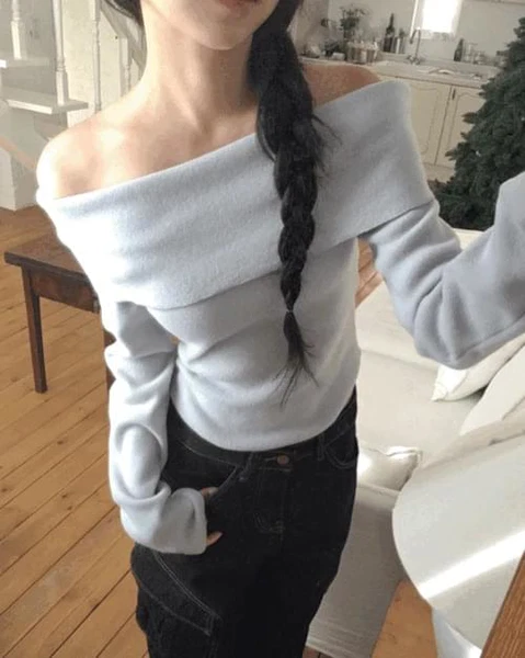 헤즌 여리핏 오프숄더 니트 티셔츠